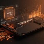 Imagen editorial de un SSD con visualizaciones holográficas que representan métricas de rendimiento y monitoreo avanzados en comparación con contadores CPU, destacando optimización y tendencias tecnológicas.