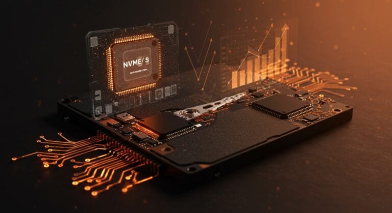 Imagen editorial de un SSD con visualizaciones holográficas que representan métricas de rendimiento y monitoreo avanzados en comparación con contadores CPU, destacando optimización y tendencias tecnológicas.