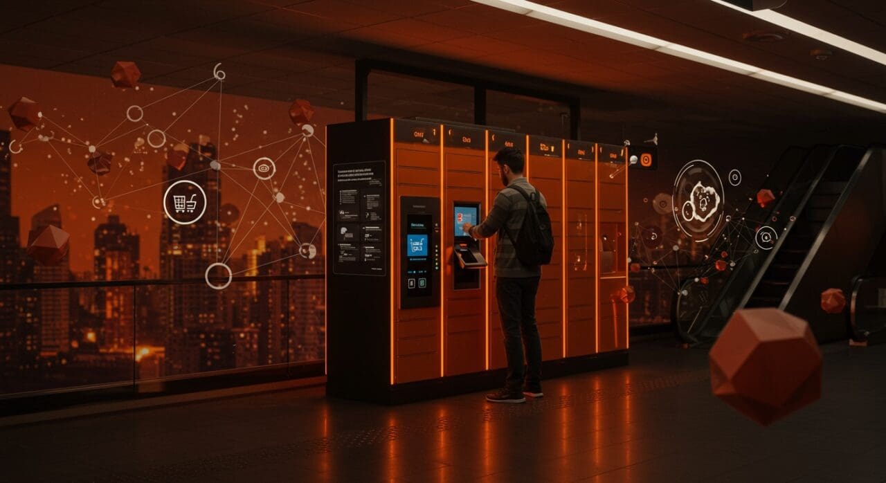 Sistema automatizado de retiro de compras online en el Metro de Santiago destacando innovación en logística y retailtech.