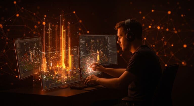 Desarrollador independiente creando un videojuego city-builder innovador en pixel art, destacando la innovación tecnológica y el emprendimiento en desarrollo de software.