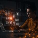 Startup founder utilizando Microsoft Copilot para automatización y desarrollo low-code en un entorno futurista naranja y negro.