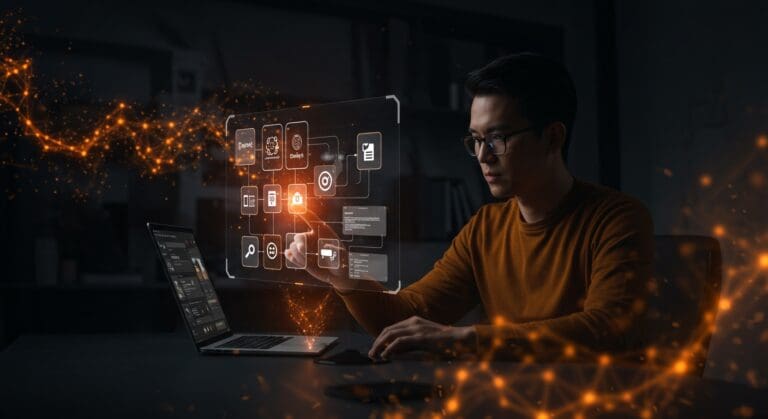 Startup founder utilizando Microsoft Copilot para automatización y desarrollo low-code en un entorno futurista naranja y negro.