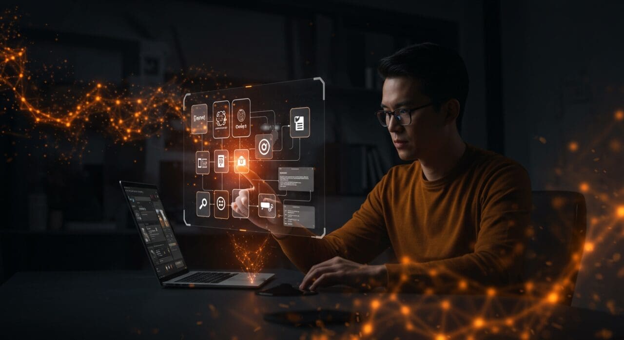 Startup founder utilizando Microsoft Copilot para automatización y desarrollo low-code en un entorno futurista naranja y negro.