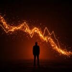 Representación visual de Moderna en biotecnología mostrando su ascenso y caída con metáforas de innovación y estrategia en vacunas mRNA.