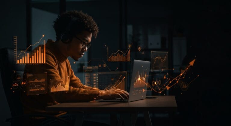 Founder concentrado transformando trabajo duro en impacto profesional aplicando Product Market Fit en entorno startup.