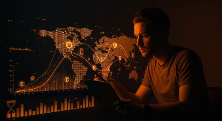 Founder analizando mapa digital global de horas de trabajo necesarias para necesidades básicas, con metáforas visuales de costos de vida y economía global.