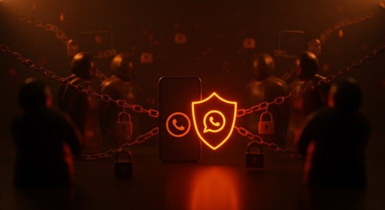Escudo digital protegiendo usuarios de WhatsApp contra ataques cibernéticos de NSO Group en un contexto de seguridad digital empresarial.