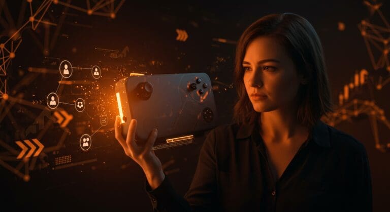 Dispositivo de gaming innovador 'Board' de Brynn Putnam destacando conexión social y tecnología de hardware en el mercado startup.