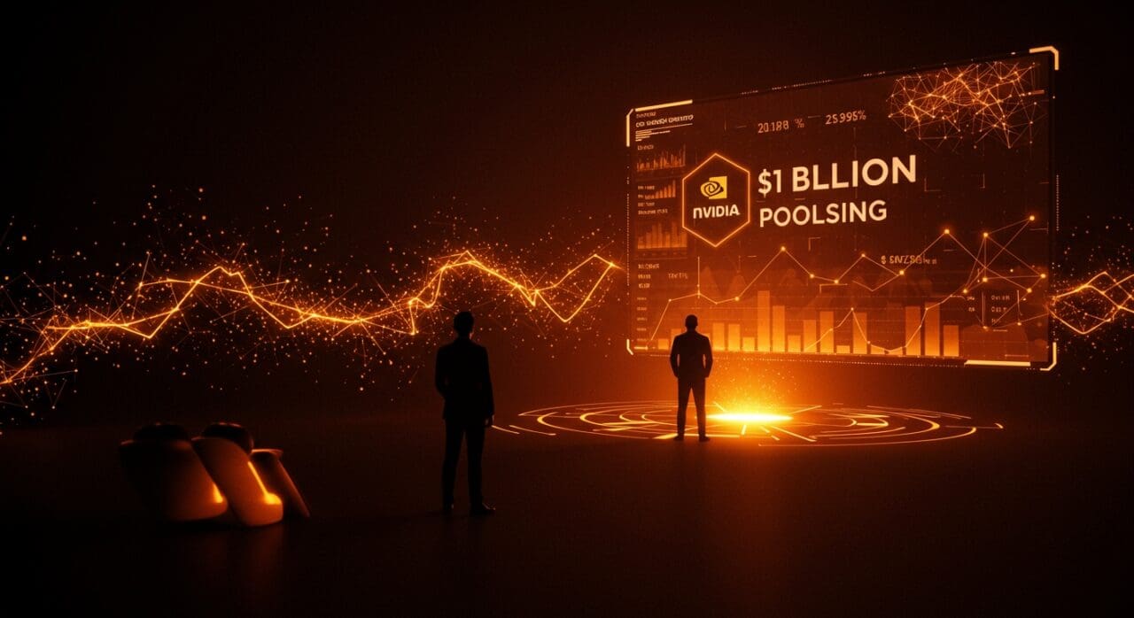 Inversión de Nvidia de hasta 1 billón de dólares en la startup de IA Poolside representada con energía digital y redes neuronales en paleta naranja y negro.