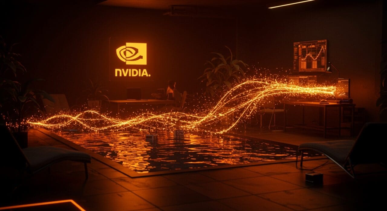 Inversión de Nvidia en Poolside reforzando liderazgo en IA con energía digital y entorno tecnológico futurista.