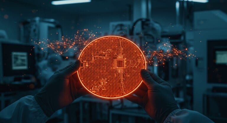 Primer wafer Blackwell fabricado en Estados Unidos por Nvidia y TSMC, simbolizando innovación en semiconductores y tecnología AI.