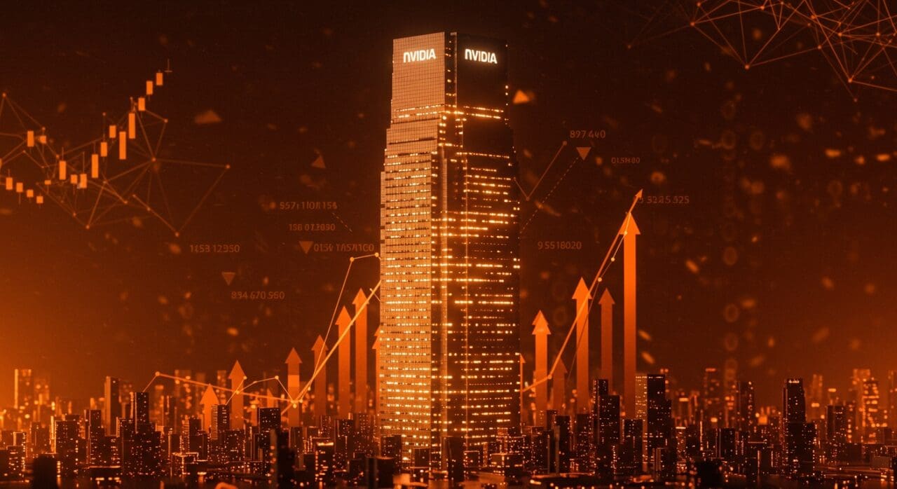 Representación visual de Nvidia alcanzando un valor de mercado histórico con símbolos tecnológicos y crecimiento financiero en ecosistema startup.