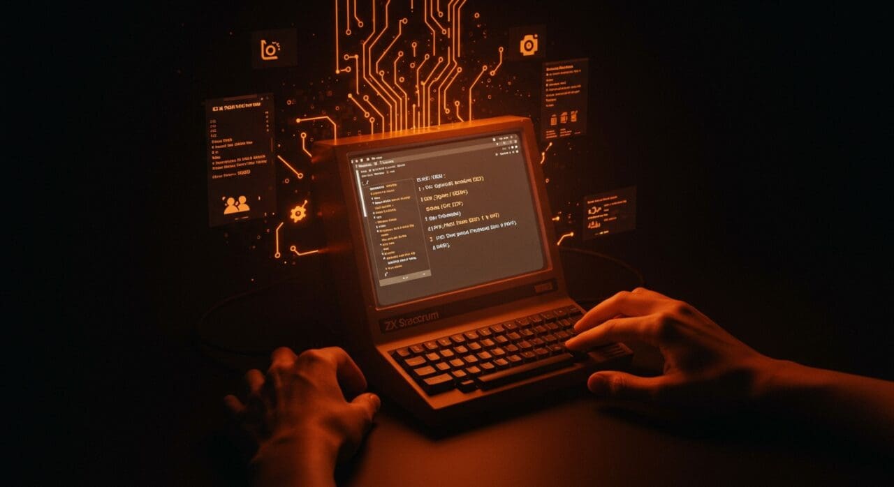 Desarrollador recreando una web moderna en ZX Spectrum, innovando con diseño retro y programación básica en computación vintage.