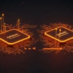Colaboración entre OpenAI y Broadcom desarrollando aceleradores de hardware AI con chips tecnológicos en paleta naranja y negra.