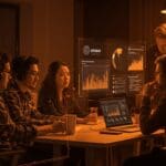 Fundadores tech colaborando en un espacio moderno, simbolizando las experiencias y beneficios del programa OpenAI Grove para startups en etapa temprana.