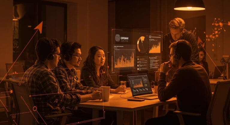 Fundadores tech colaborando en un espacio moderno, simbolizando las experiencias y beneficios del programa OpenAI Grove para startups en etapa temprana.