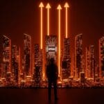 Silhouette de Sam Altman frente a un paisaje digital que representa la IPO de OpenAI valorada en un trillón de dólares en el mercado de inteligencia artificial.