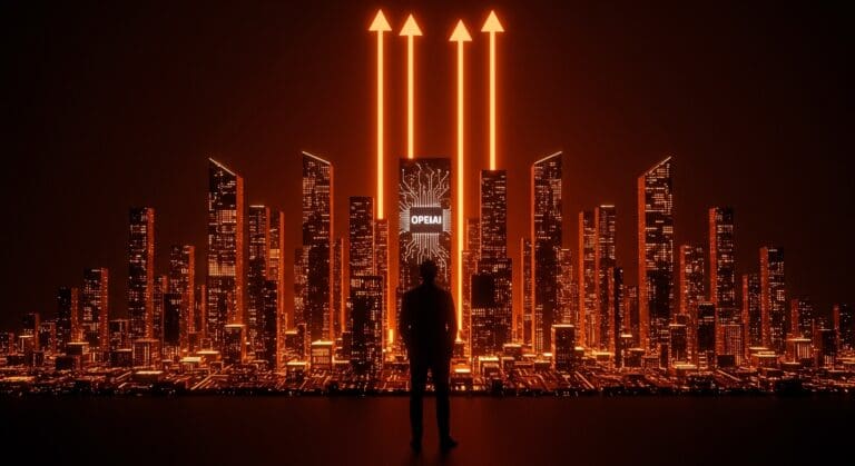 Silhouette de Sam Altman frente a un paisaje digital que representa la IPO de OpenAI valorada en un trillón de dólares en el mercado de inteligencia artificial.