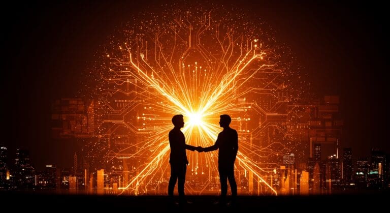 OpenAI y Microsoft consolidan su alianza estratégica y financiamiento en inteligencia artificial con una reestructuración tecnológica representada por redes neuronales y flujos de inversión en tonos naranja y negro.