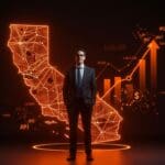 Sam Altman de OpenAI representado con un fondo digital de California, simbolizando el compromiso con la permanencia estatal y la estrategia de IPO en 2027.