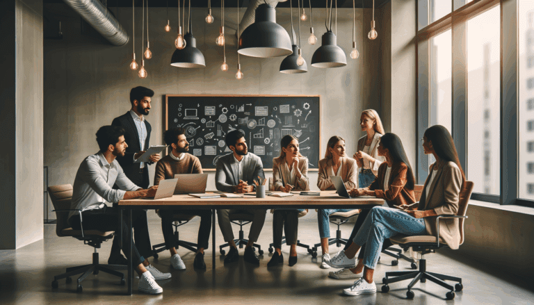 Grupo diverso de emprendedores dialogando en un espacio de coworking moderno con pizarras, laptops y ambiente tecnológico.