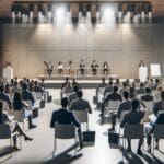 Auditorio moderno con emprendedores presentando ideas frente a un jurado y asistentes atentos, ambiente profesional y tecnológico.