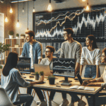 Jóvenes profesionales colaborando en un espacio de coworking con pantallas mostrando gráficos de criptomonedas.