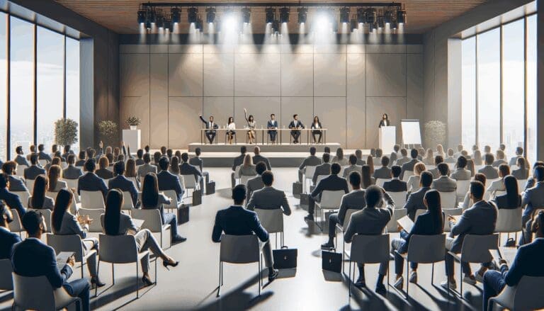 Auditorio moderno con emprendedores presentando ideas frente a un jurado y asistentes atentos, ambiente profesional y tecnológico.