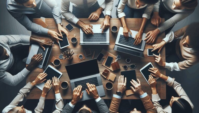 Manos de un equipo diverso de emprendedores revisando computadoras portátiles y tablets en una oficina moderna.