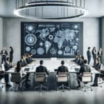 Sala de juntas tecnológica con emprendedores discutiendo sobre regulaciones e innovación financiera.