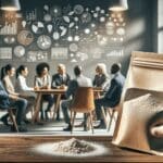 Primer plano de sobres innovadores con polvo alimenticio en una mesa elegante, grupo diverso de jóvenes emprendedores conversando al fondo en un entorno moderno.