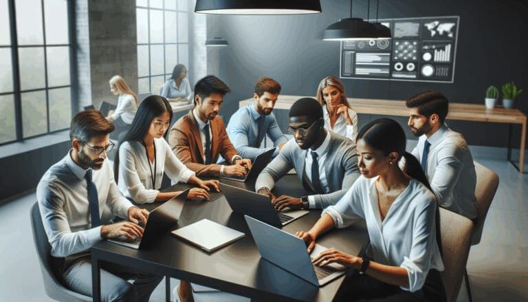 Grupo diverso de profesionales colaborando en una oficina moderna con pizarras digitales y laptops.