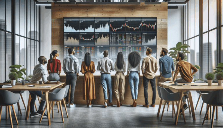 Grupo diverso de emprendedores observando pantallas de datos financieros en un moderno espacio de coworking.