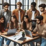 Grupo de jóvenes emprendedores colaborando en un espacio de coworking moderno, laptops y pizarras en uso.