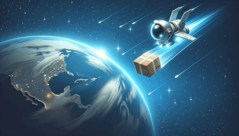 Ilustración de una nave espacial pequeña lanzando un paquete sobre la Tierra, fondo azul estelar, enfoque editorial y tecnológico.
