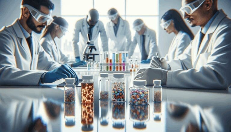 Primer plano de un laboratorio moderno con científicos analizando muestras biotecnológicas y frascos con compuestos psicodélicos en una mesa blanca, fondo desenfocado.