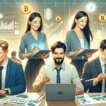 Ilustración de un grupo diverso de emprendedores trabajando con gráficos digitales y símbolos de criptomonedas en una oficina moderna.