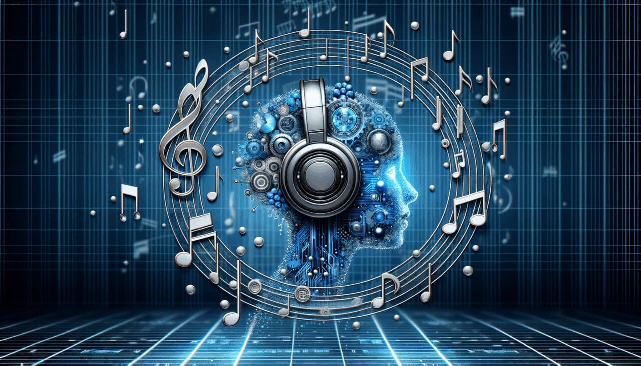 Concepto de inteligencia artificial con elementos musicales, sobre fondo tecnológico azul.