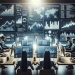 Manos colaborando frente a pantallas con gráficos financieros y código en un entorno de oficina moderna.