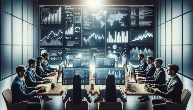 Manos colaborando frente a pantallas con gráficos financieros y código en un entorno de oficina moderna.