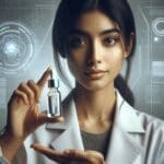 Primer plano de una investigadora en laboratorio sosteniendo un frasco de colirio, entorno tecnológico de fondo.