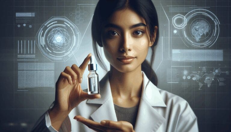 Primer plano de una investigadora en laboratorio sosteniendo un frasco de colirio, entorno tecnológico de fondo.