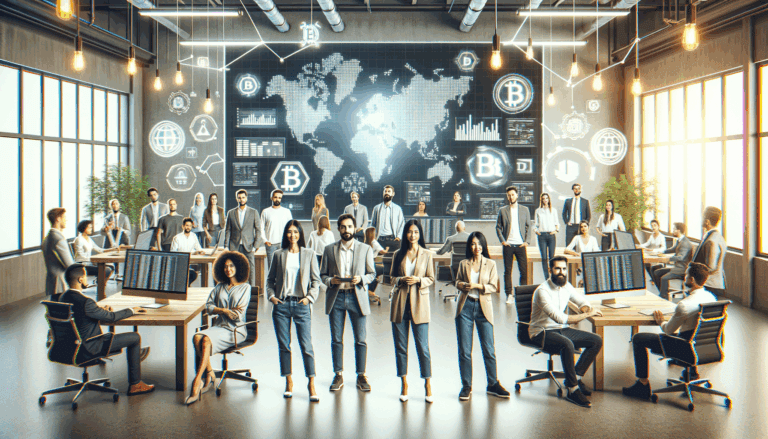 Grupo diverso de emprendedores digitales reunidos en un espacio de coworking tecnológico con pantallas que muestran datos blockchain.