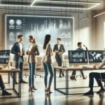 Oficina moderna de tecnología financiera con jóvenes emprendedores colaborando y pantallas electrónicas mostrando gráficos.