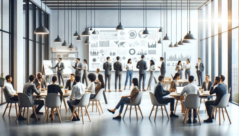 Grupos de emprendedores discutiendo en una sala moderna de coworking con pantallas y pizarras digitales.