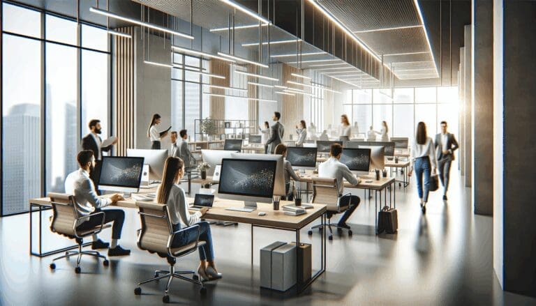Oficinas modernas de una startup con computadores y equipo de trabajo colaborando en un entorno tecnológico.