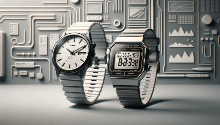Reloj Casio F-91W clásico junto a una versión modernizada con pantalla y diseño elegante, sobre fondo tecnológico minimalista.