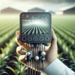 Primer plano de sensores agrícolas modernos en un campo, con fondo tecnológico desenfocado.