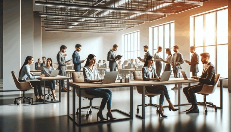 Espacio de coworking moderno donde emprendedores colaboran en laptops, ambiente tecnológico y cálido.