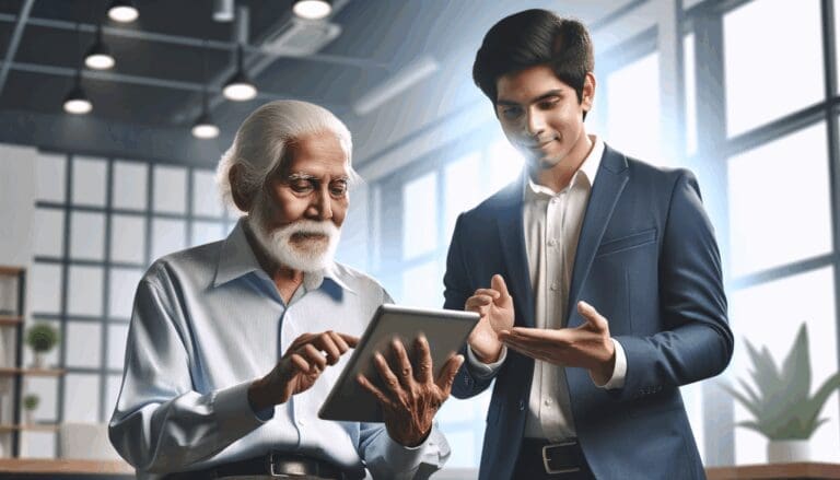 Persona mayor usando una tableta digital en un entorno luminoso y moderno, acompañado de un joven emprendedor explicando tecnología.